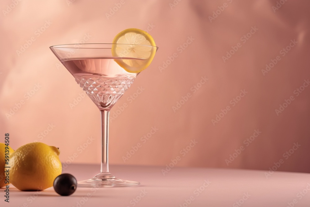  a glass of wine with a lemon slice and two olives next to it on a table with a pink background and 