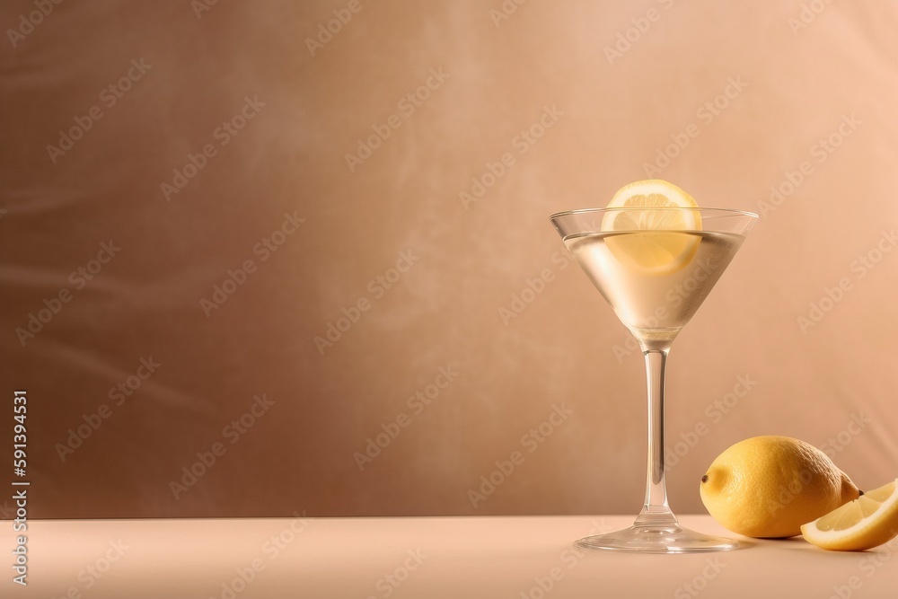  a glass filled with a liquid and a lemon slice next to it on a table with a cloth behind it and a w