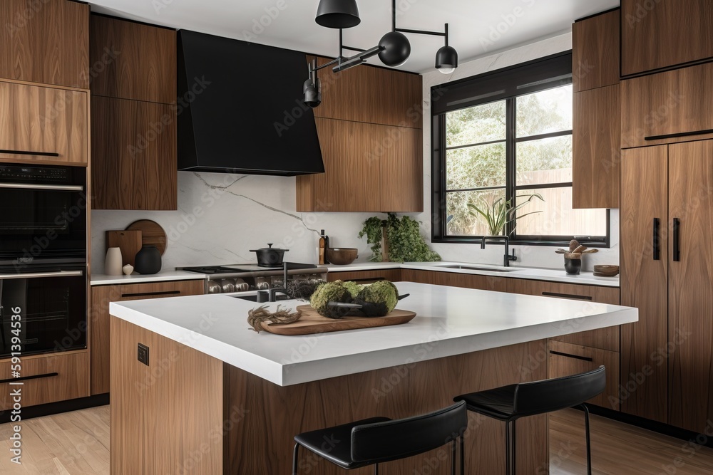  a kitchen with a large center island with a cutting board on top of it and a window in the back of 