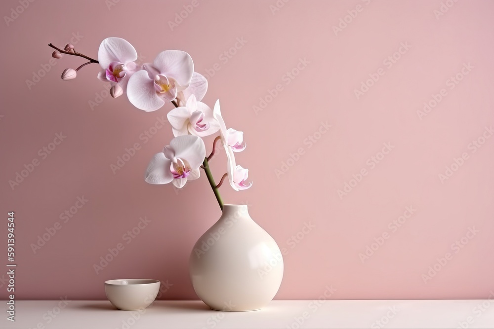  a white vase with a pink flower in it and a white bowl next to it on a table against a pink wall wi