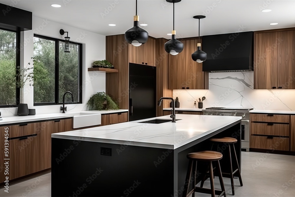  a large kitchen with a center island with stools next to a sink and a window with a view of the tre