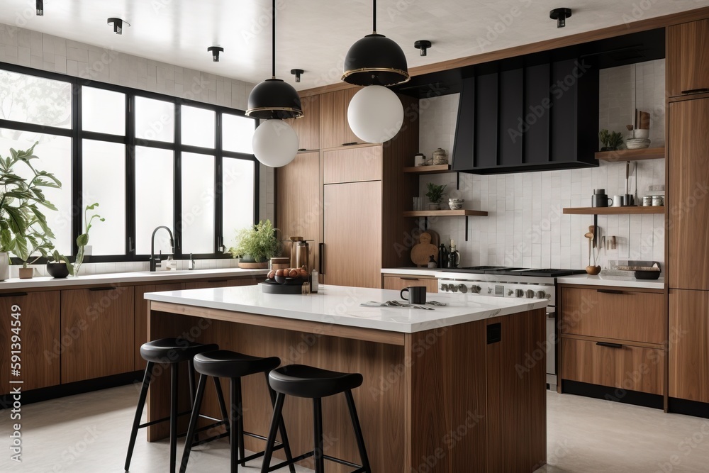  a large kitchen with a center island and two stools in front of a window with black framed windows 