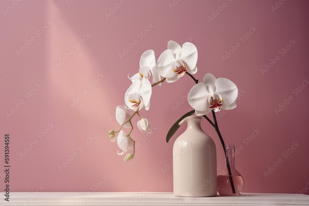  a white vase with white flowers on a pink background with a shadow of a pink wall in the corner of 