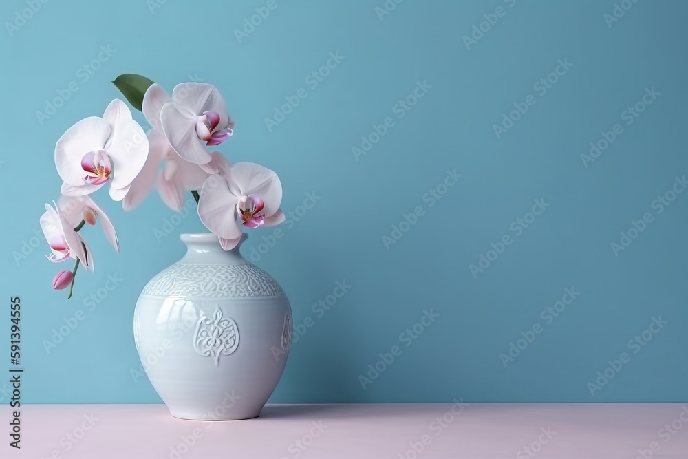  a white vase with pink flowers in it on a pink table against a blue background with a blue wall in 