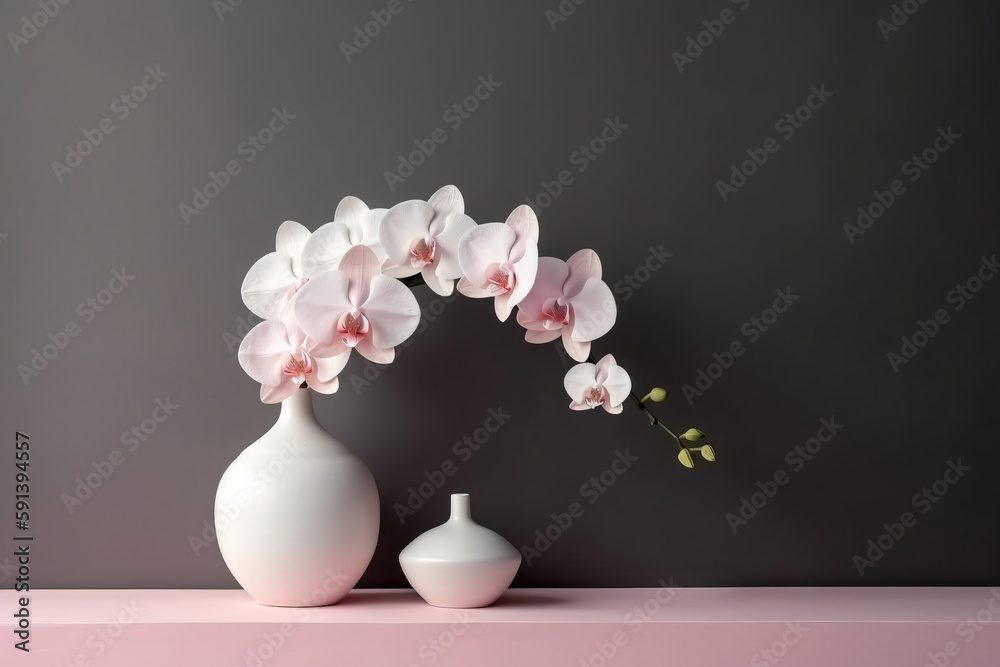  a white vase with pink flowers in it on a pink shelf next to a white vase with pink flowers in it o