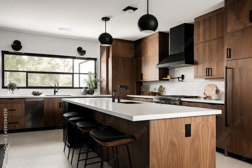  a large kitchen with a center island and bar stools next to a sink and a stove top oven with a wind