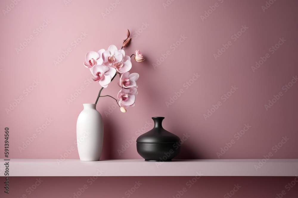  a white vase and a black vase on a pink shelf against a pink wall with a pink flower in the middle 