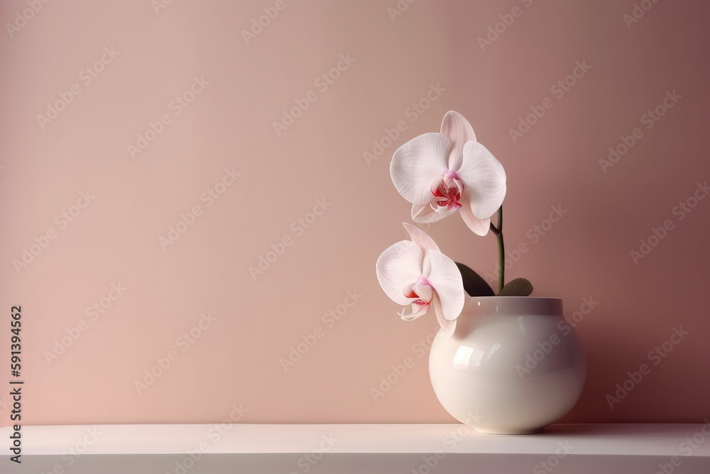  a white vase with a pink flower on a shelf in front of a pink wall and a pink wall in the backgroun