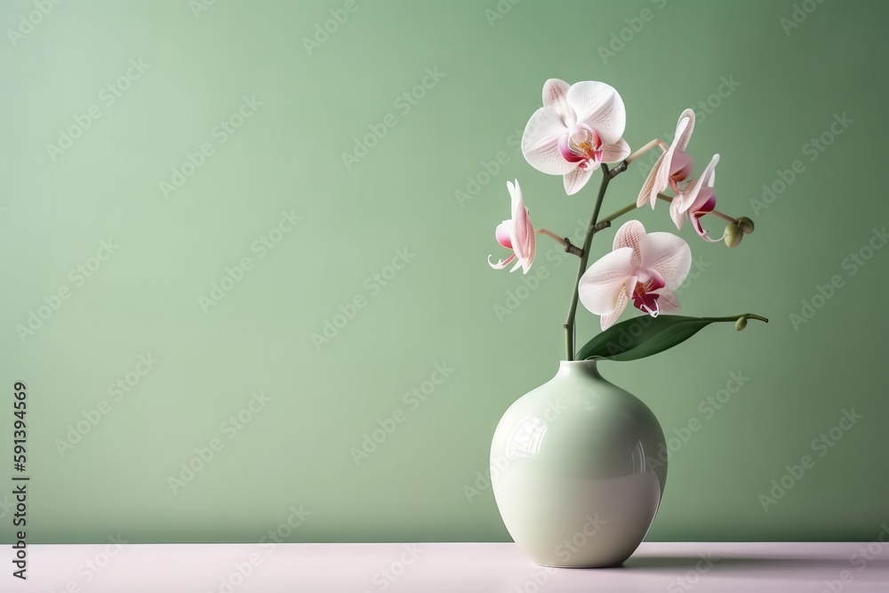  a white vase filled with pink flowers on top of a white counter top next to a green wall and a gree