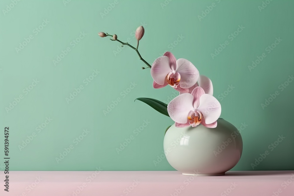  a white vase with pink flowers in it on a pink table top against a green background with a pink spo