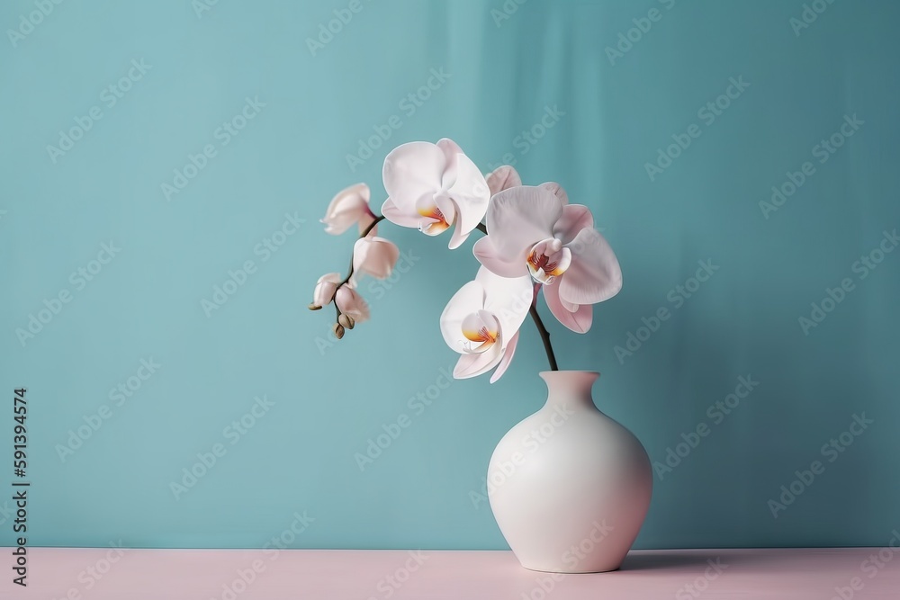  a white vase filled with pink flowers on top of a pink counter top next to a blue wall and a blue w