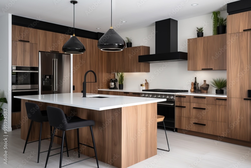  a modern kitchen with a center island and bar stools in the center of the room, and a black pendant