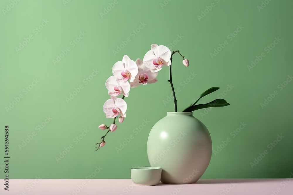  a white vase with a pink flower in it and a green wall in the background with a pink flower in it a