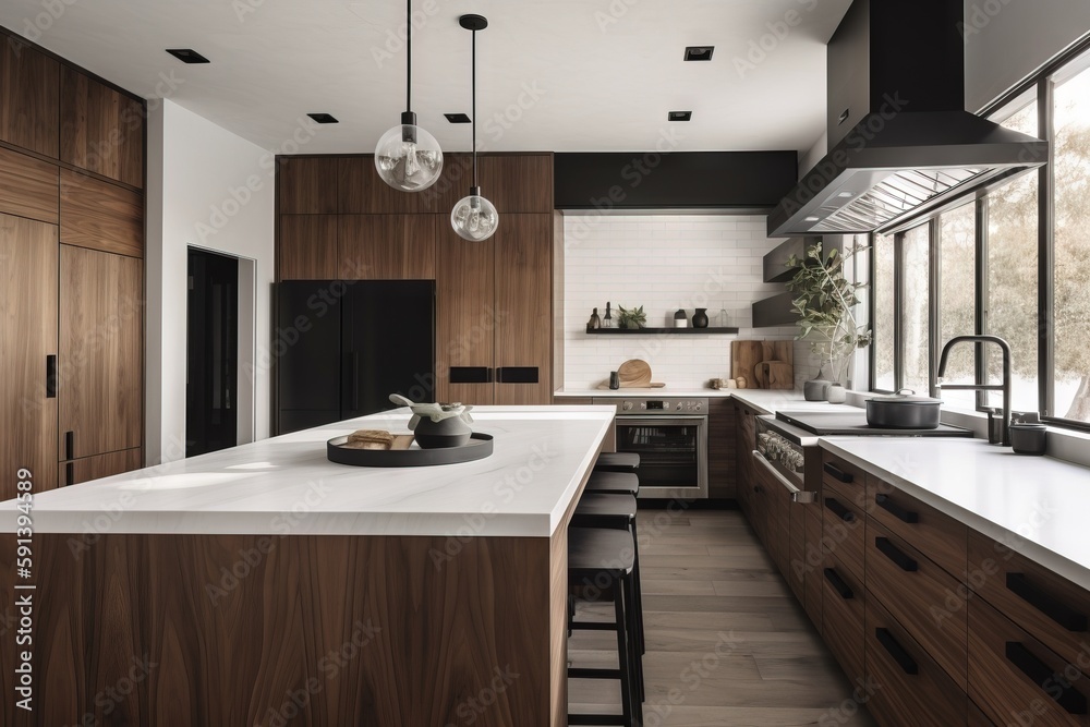  a large kitchen with a center island and a stove top oven in the center of the room with a large wi