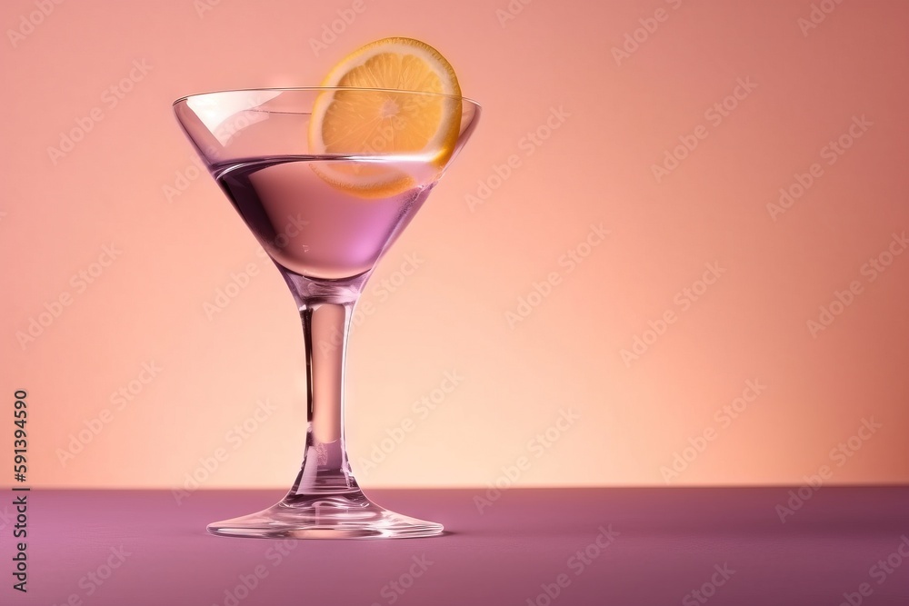  a glass filled with a drink and a slice of lemon on top of it on a purple tablecloth with a pink ba