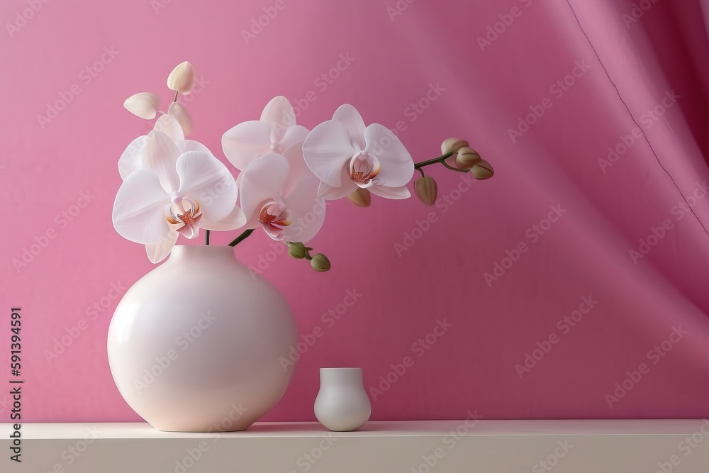  a white vase filled with white flowers on top of a table next to a pink wall and a white vase with 