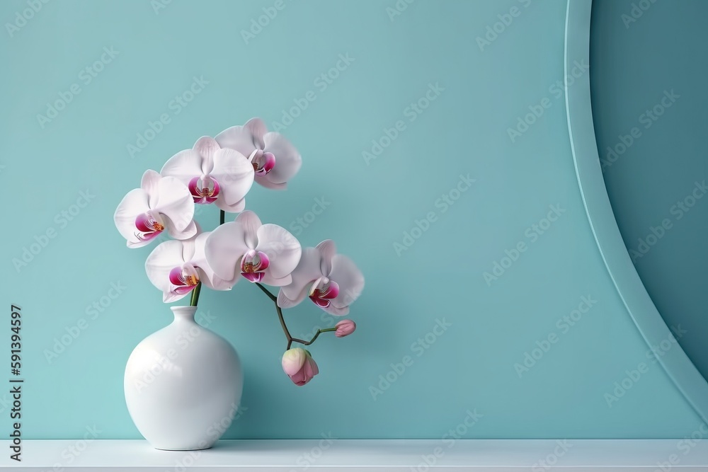  a white vase filled with pink flowers on top of a table next to a blue wall and a white shelf with 