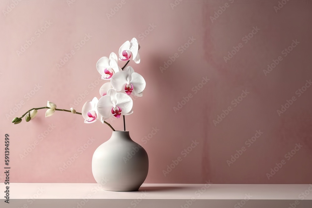  a white vase with a pink flower in it on a table next to a pink wall and a pink wall in the backgro