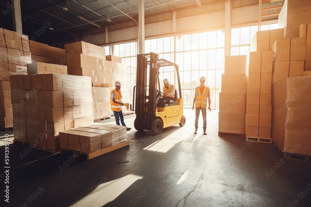  two men in yellow vests standing next to a forklift with boxes on the ground in a warehouse with la