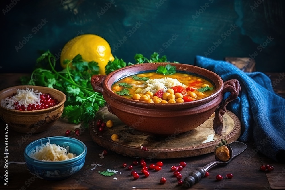  a bowl of soup and two bowls of rice on a wooden table next to a lemon and a blue towel on a wooden