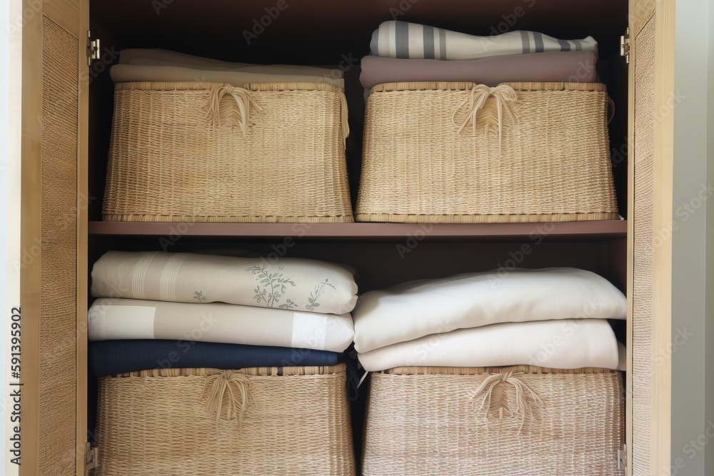  a shelf with baskets and folded towels in it and folded towels in the bottom of the shelf and folde