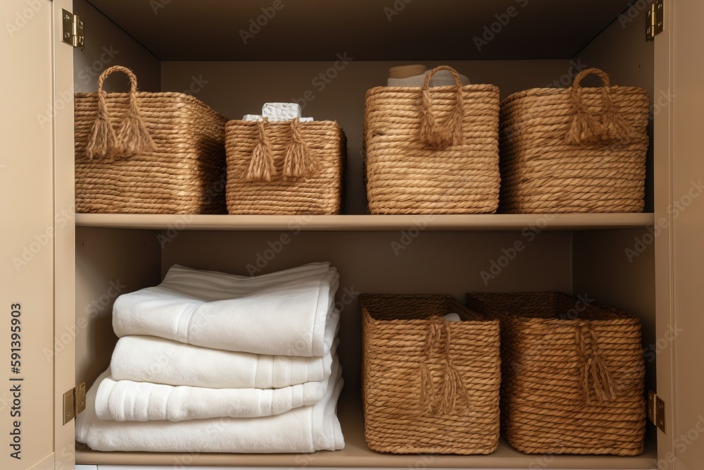  a shelf with baskets and towels in a closet with linens and towels in baskets on top of the shelves