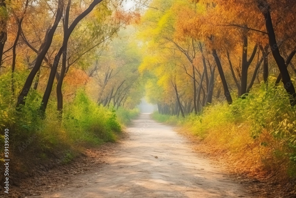  a dirt road surrounded by trees with yellow leaves on the trees in the fall colors of the trees are