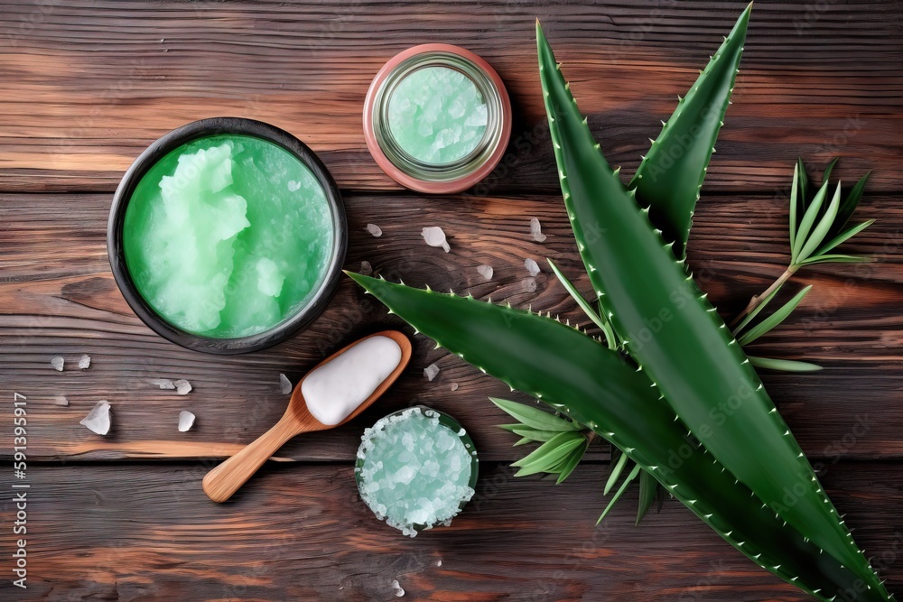  a wooden table topped with a bowl of green stuff and a wooden spoon next to a green aloem and a sma