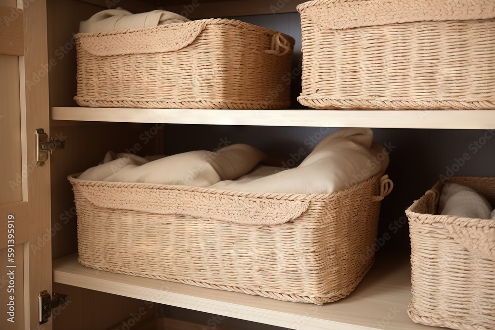  two wicker baskets are on the shelves of a closet with linens in them and folded towels in the bask