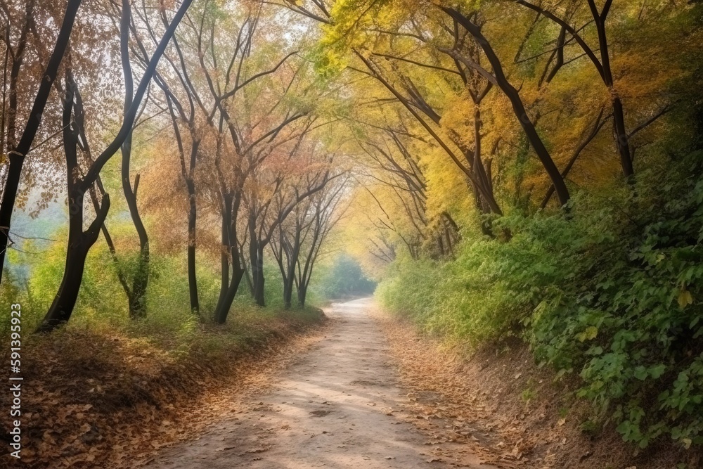  a dirt road surrounded by trees with leaves on the ground and a few leaves on the ground on either 