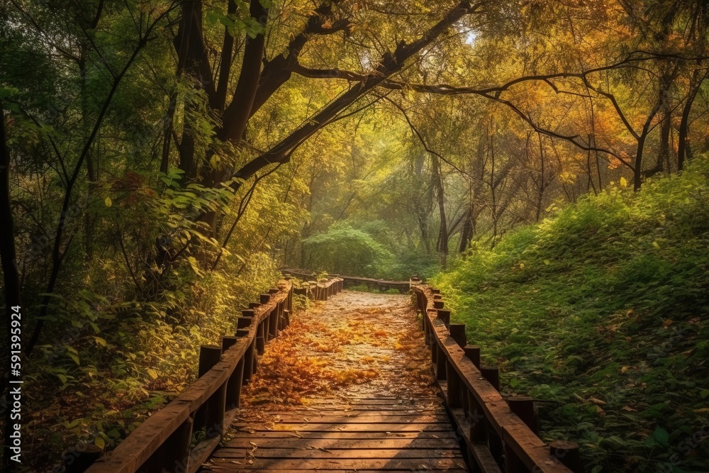  a wooden path in a forest with trees and grass on both sides of the path is a wooden bridge that le