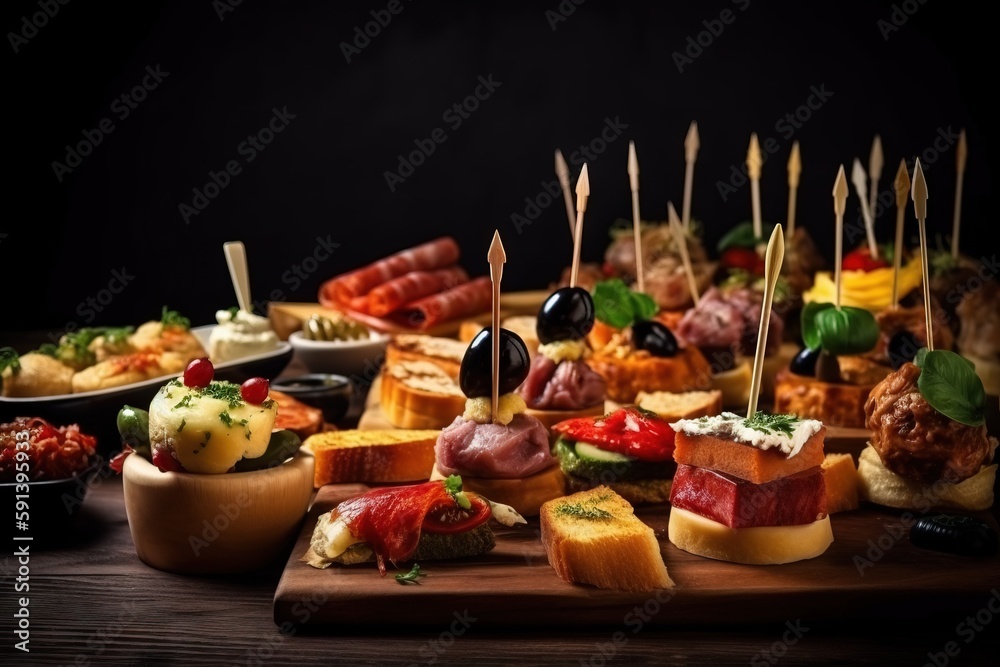  a wooden table topped with lots of different types of appetizers on sticks and trays of different t