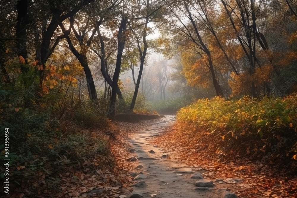  a path through a forest with lots of trees and leaves on the sides of the path is covered in fog an