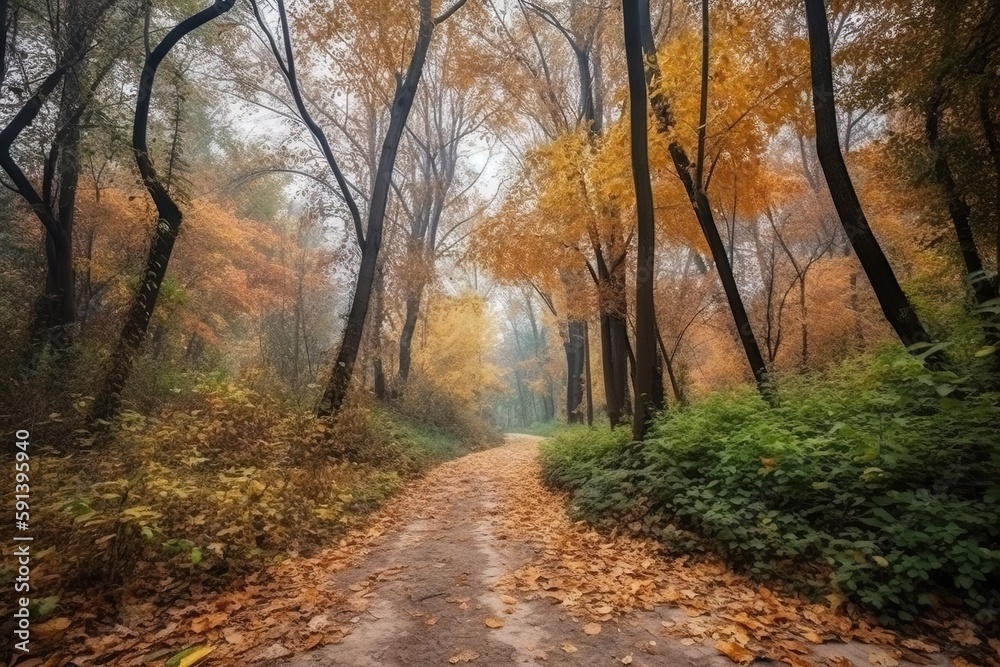  a dirt road surrounded by trees with yellow leaves on the leaves on the ground and on the ground is