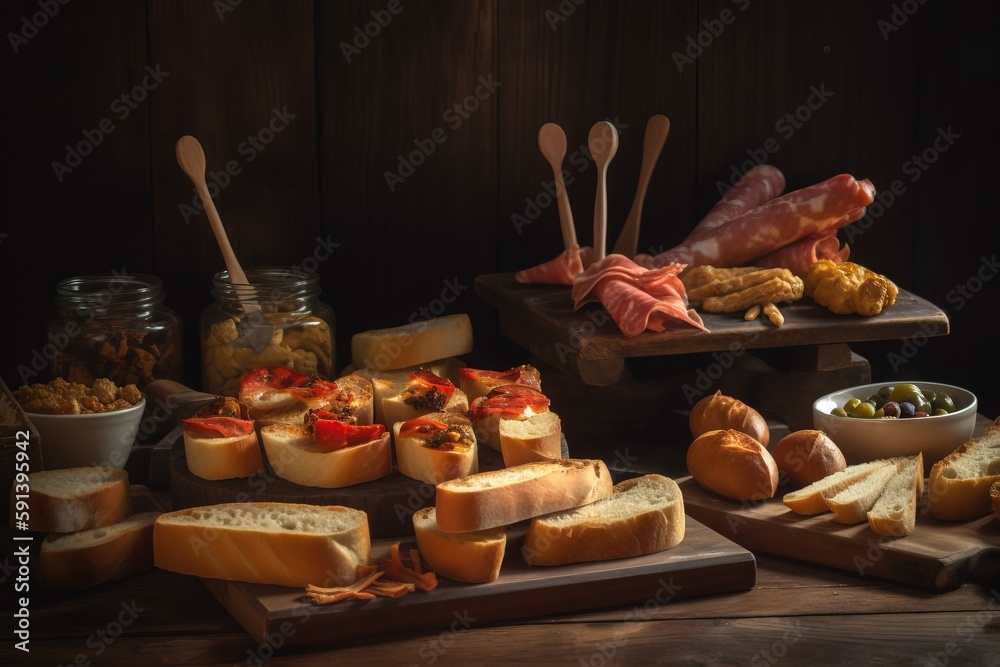  a variety of breads and meats on a table with bread utensils and a bowl of olives on a table next t