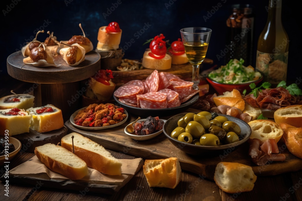  a table full of different types of food and wine glasses and breads and meats and cheeses and bread