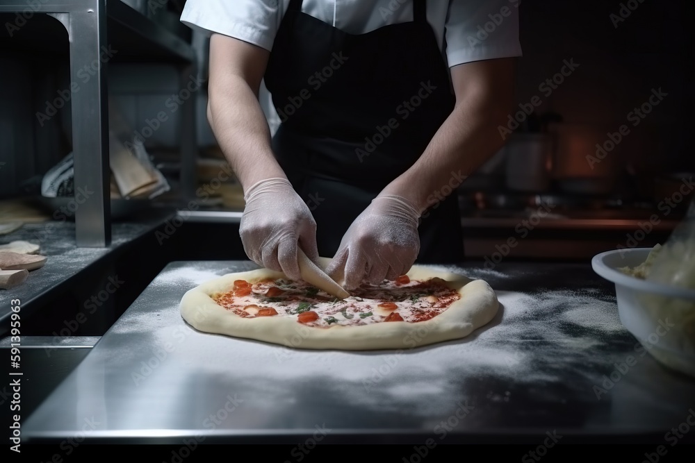  a person in a kitchen making a pizza on a counter top with a pizza cutter in hand and a bowl of pas