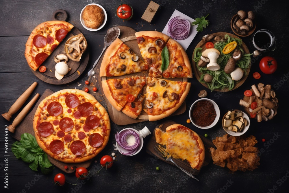  a table topped with pizzas and other foods on top of a wooden table next to utensils and a plate of