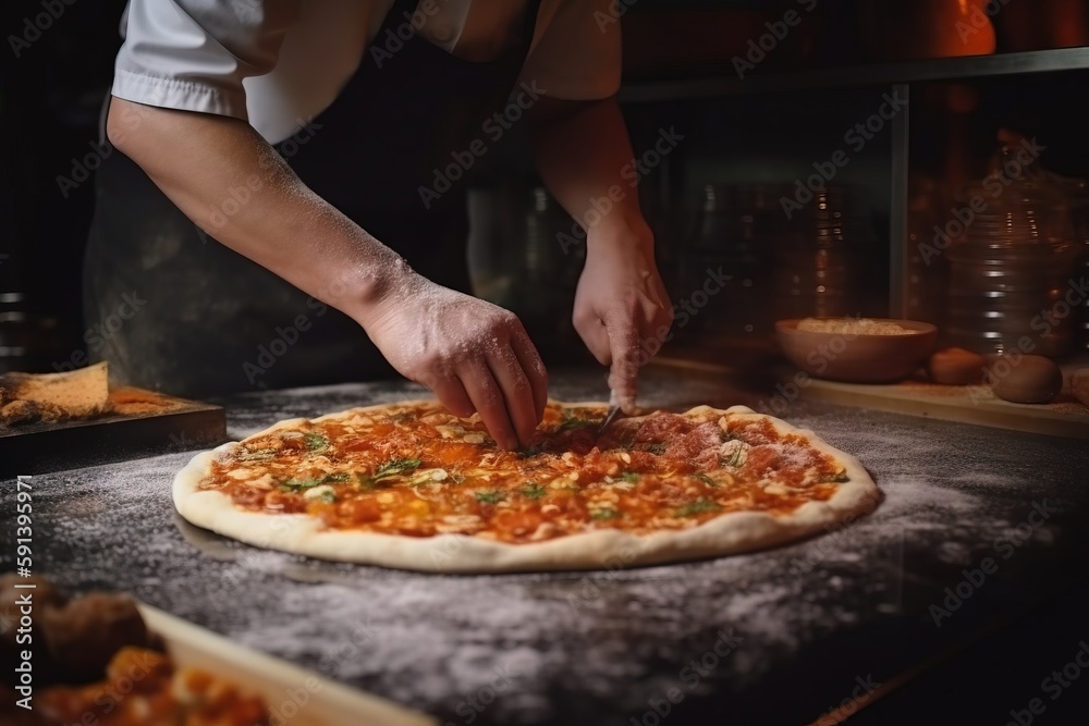  a person making a pizza on top of a pizza pan on a counter top with a pizza cutter in hand and a pi