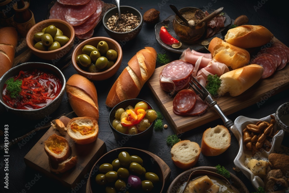  a table topped with bread, olives, meats, and bread bowls filled with different types of food on wo