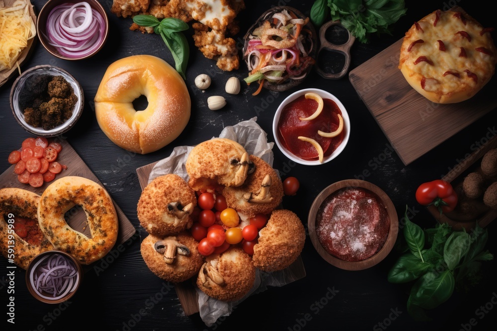  a table topped with different types of food on top of a wooden cutting board next to bowls of sauce