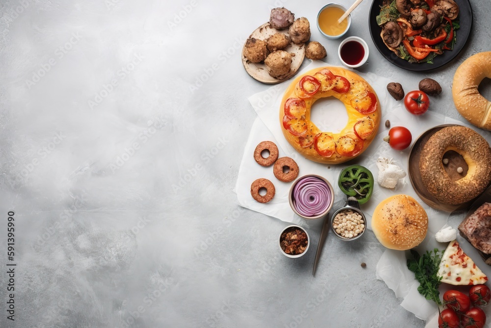  a table topped with donuts and other foods on top of a white table cloth next to a bowl of sauce an