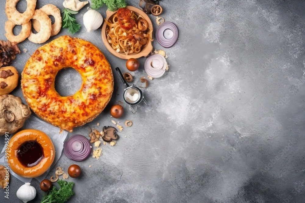  an assortment of food including a doughnut, onion rings, onion rings, mushrooms, garlic, and other 