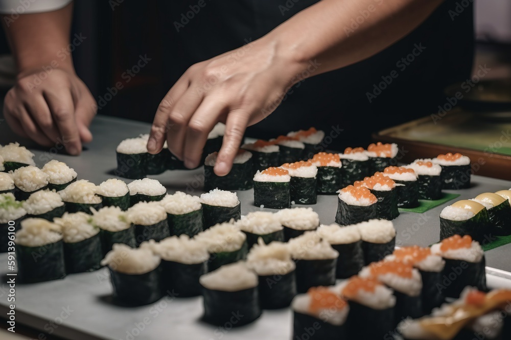  a person reaching for sushi on a tray with other sushi on the tray behind it and a person reaching 