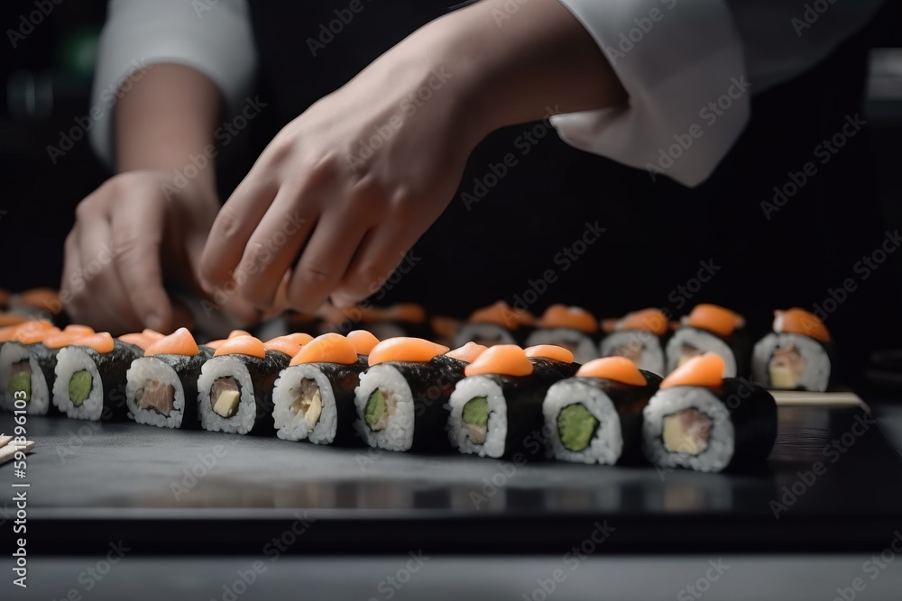  a person is cutting sushi on a black surface with chopsticks in the foreground and sushi on the oth