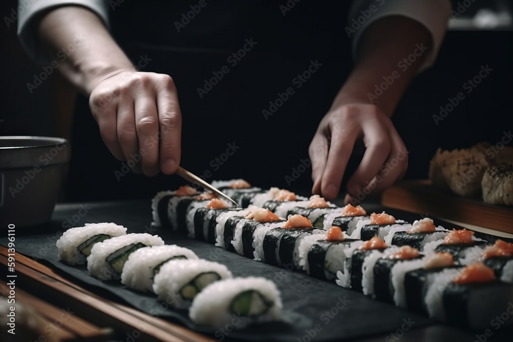  a person is preparing sushi on a black tray with chopsticks and a bowl of sauce on the side of the 