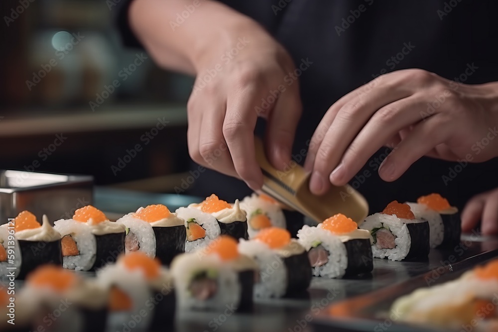  a person is preparing sushi rolls on a table with a wooden spoon in it and a plate of sushi on the 