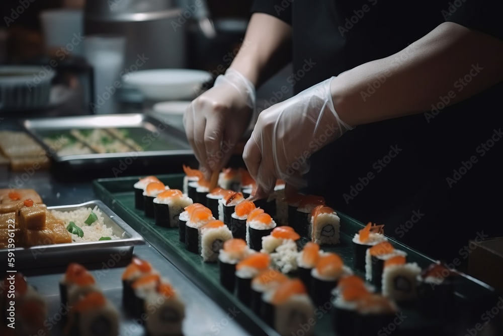  a person in white gloves is preparing sushi on a table with other food items on the table and on th