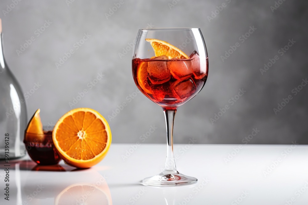  a glass of wine with an orange slice in it and a bottle of wine in the background with an orange sl