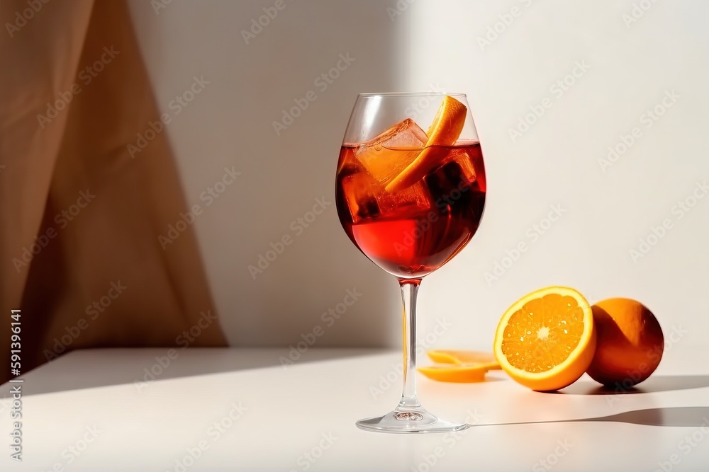  a glass of wine with a slice of orange on the side of it and a half of an orange on the side of the